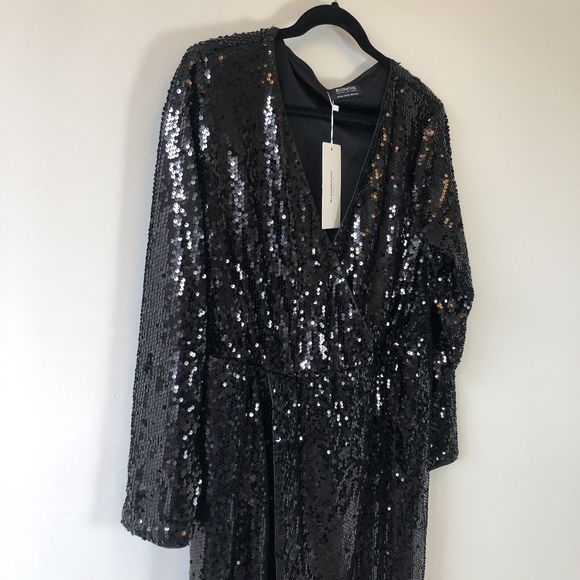 BloomChic Black Metallic Sequined Long Sleeve Dress Faux Wrap Size 14/16 NWTs - Picture 8 of 13